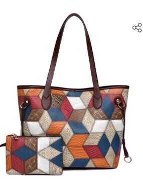 FLO-MOTOR Multicolor Patchwork Tote Bag Set – Retro Faux Leather Shoulder Handba